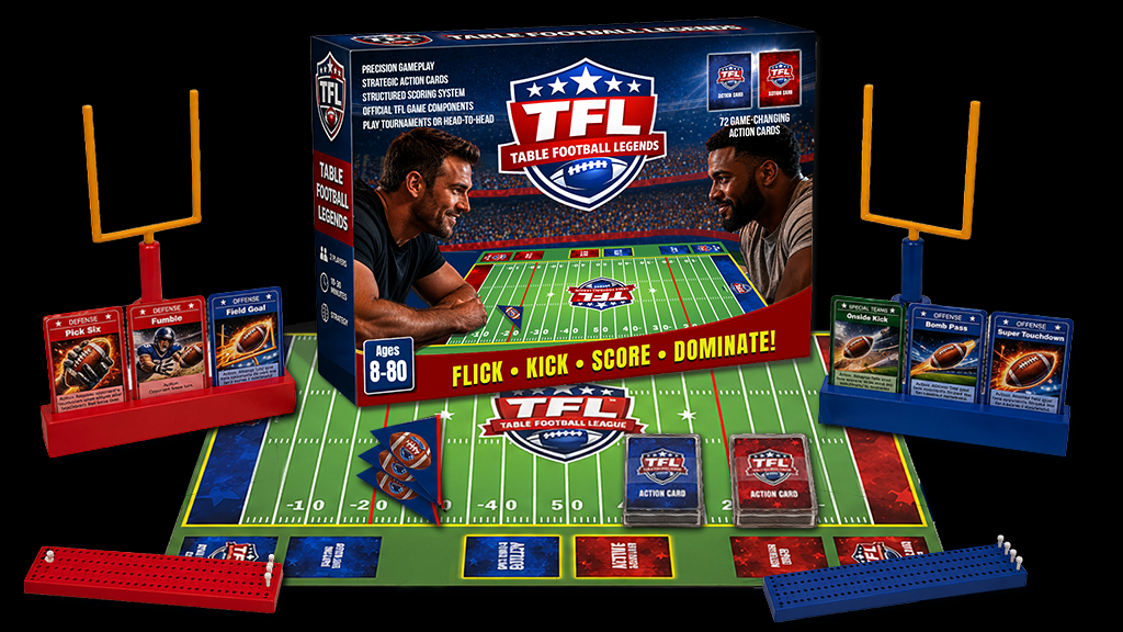Official TFL Game box with field, goalposts, action cards, and components